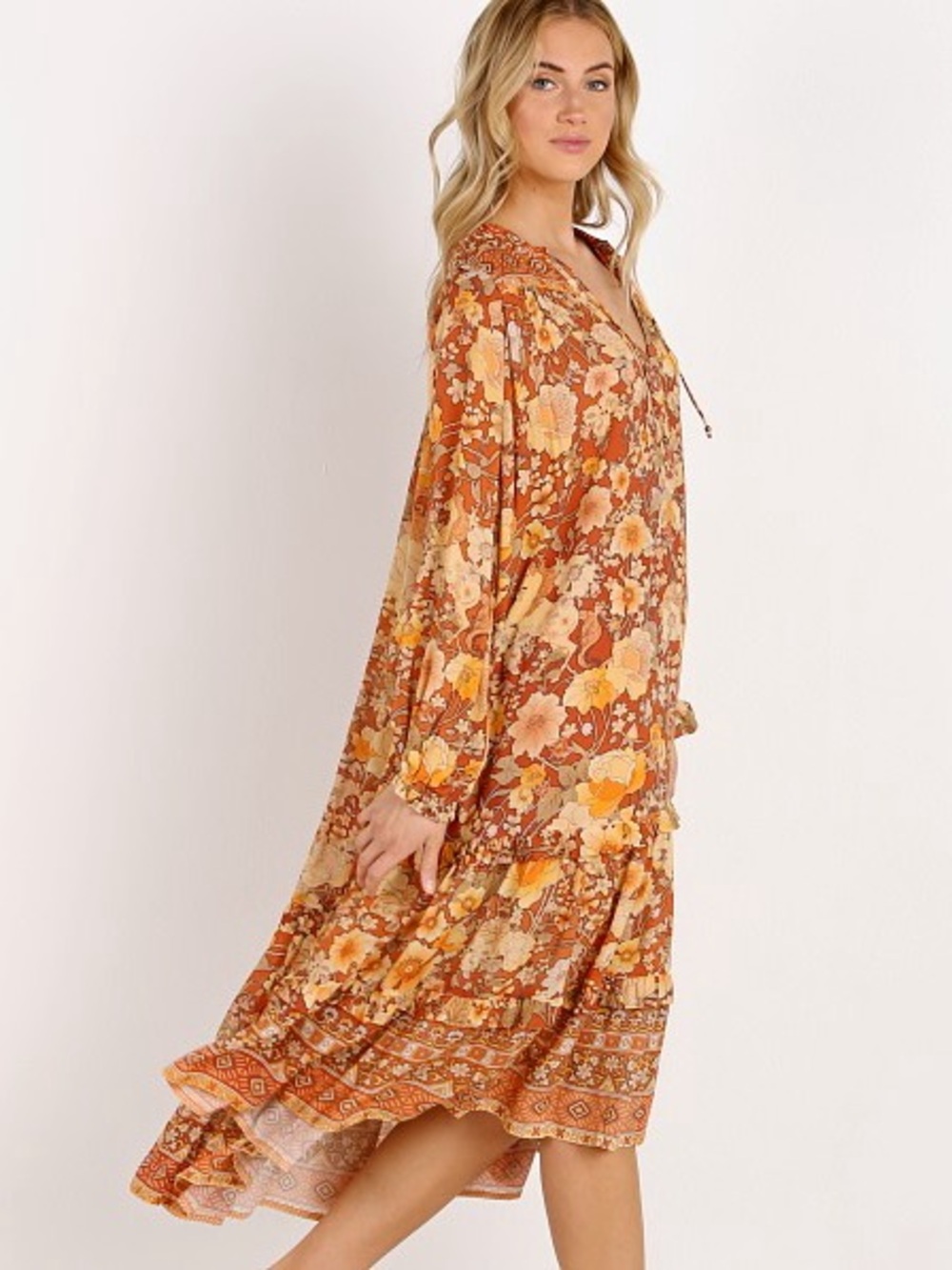 Spell & the Gypsy Boho Floral Tiered Midi Dress in Rust Orange size S - Picture 3 of 7